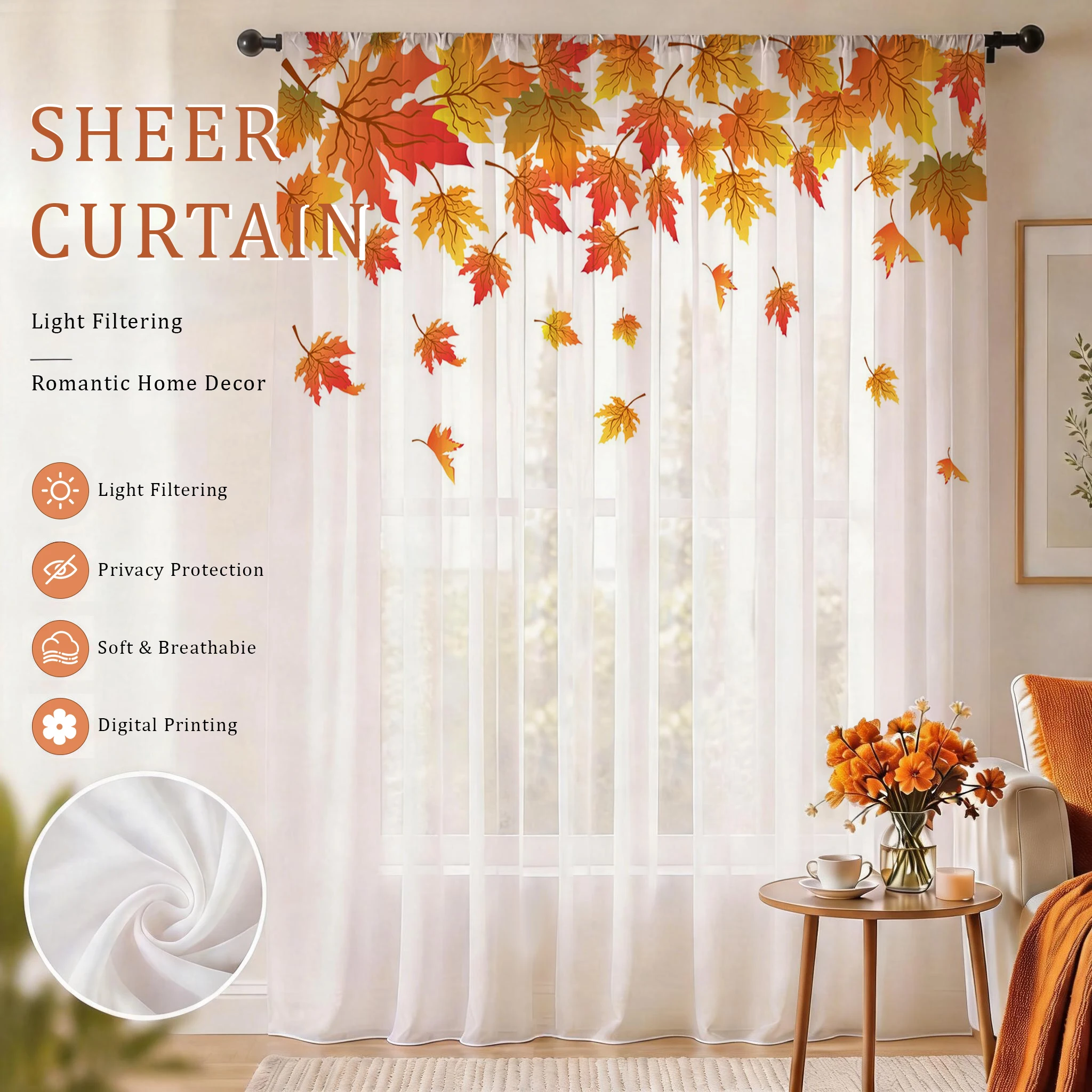 Curtain Sheer Voile - Akçaağaç Yaprağı Modern Gradyanlı Şeffaf Perde,