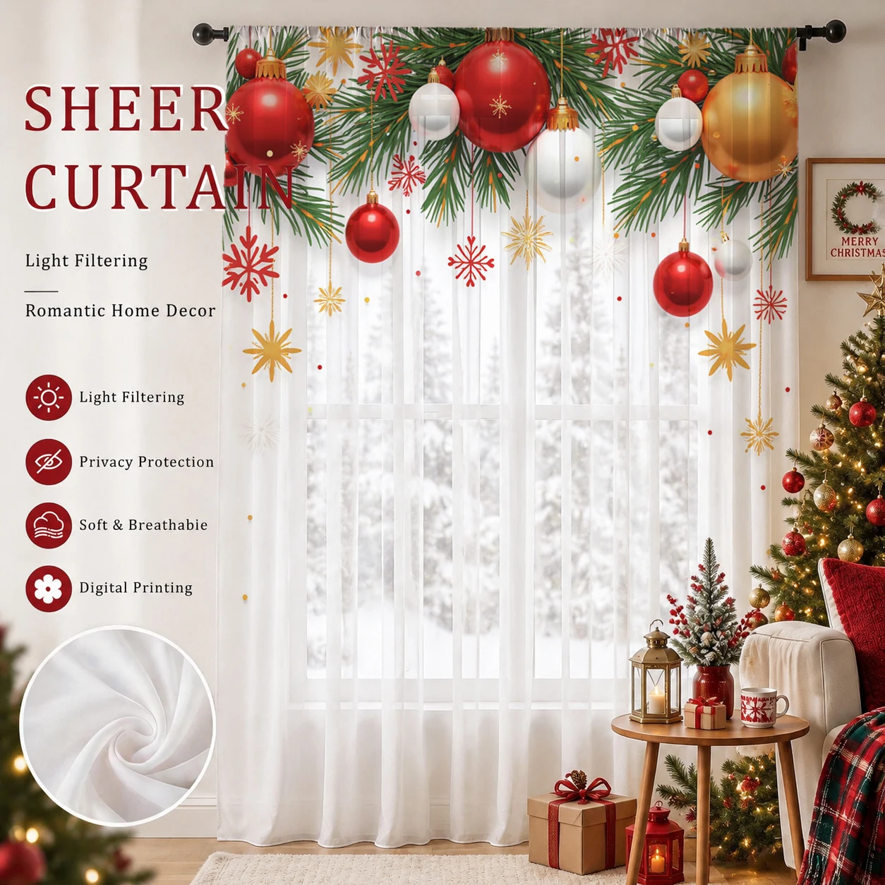 Curtain Sheer Voile - Noel Günü Gradyanlı Şeffaf Perde, Oturma