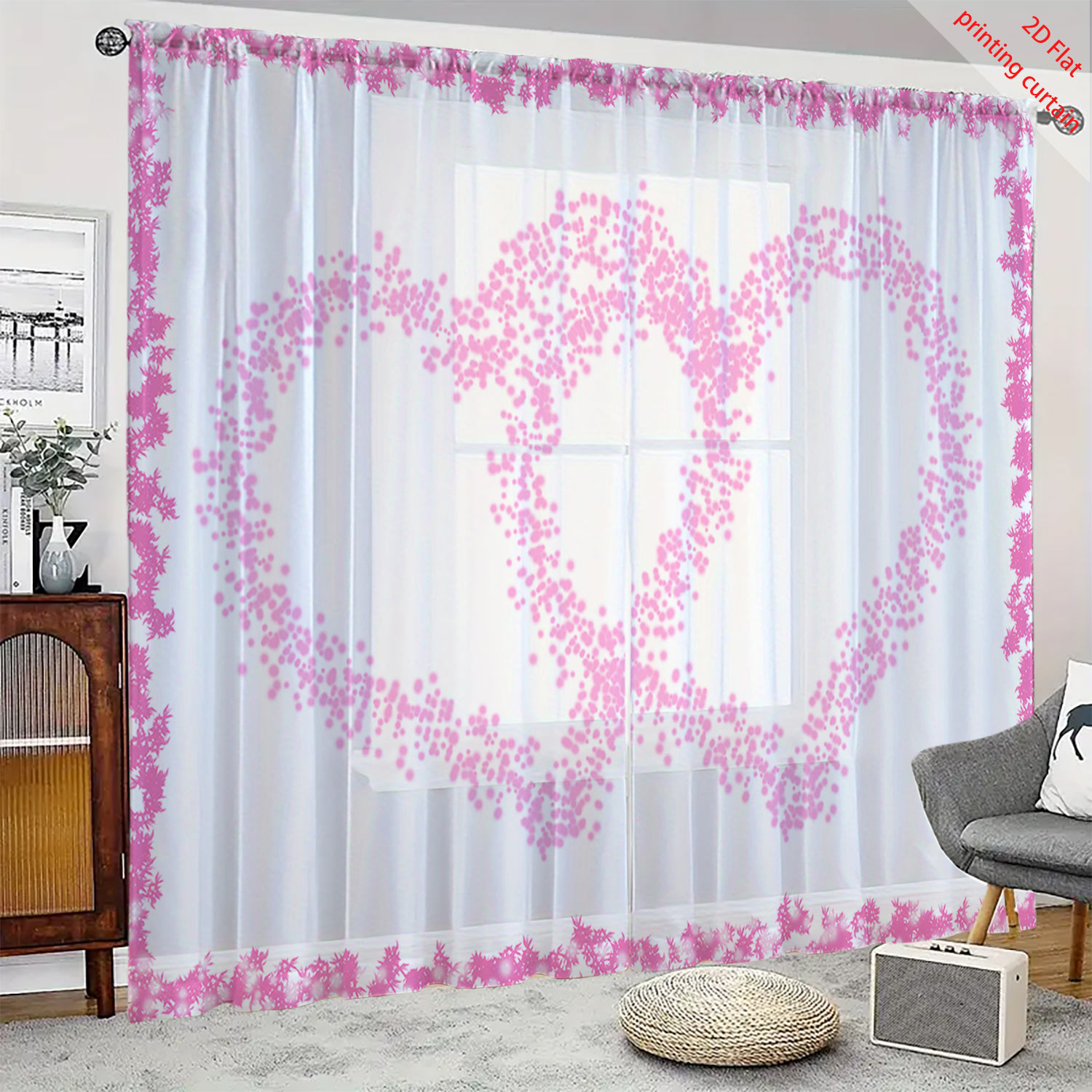 Curtain Sheer Voile - Kalp Şeklinde Baskılı Şeffaf Gazlı Bez