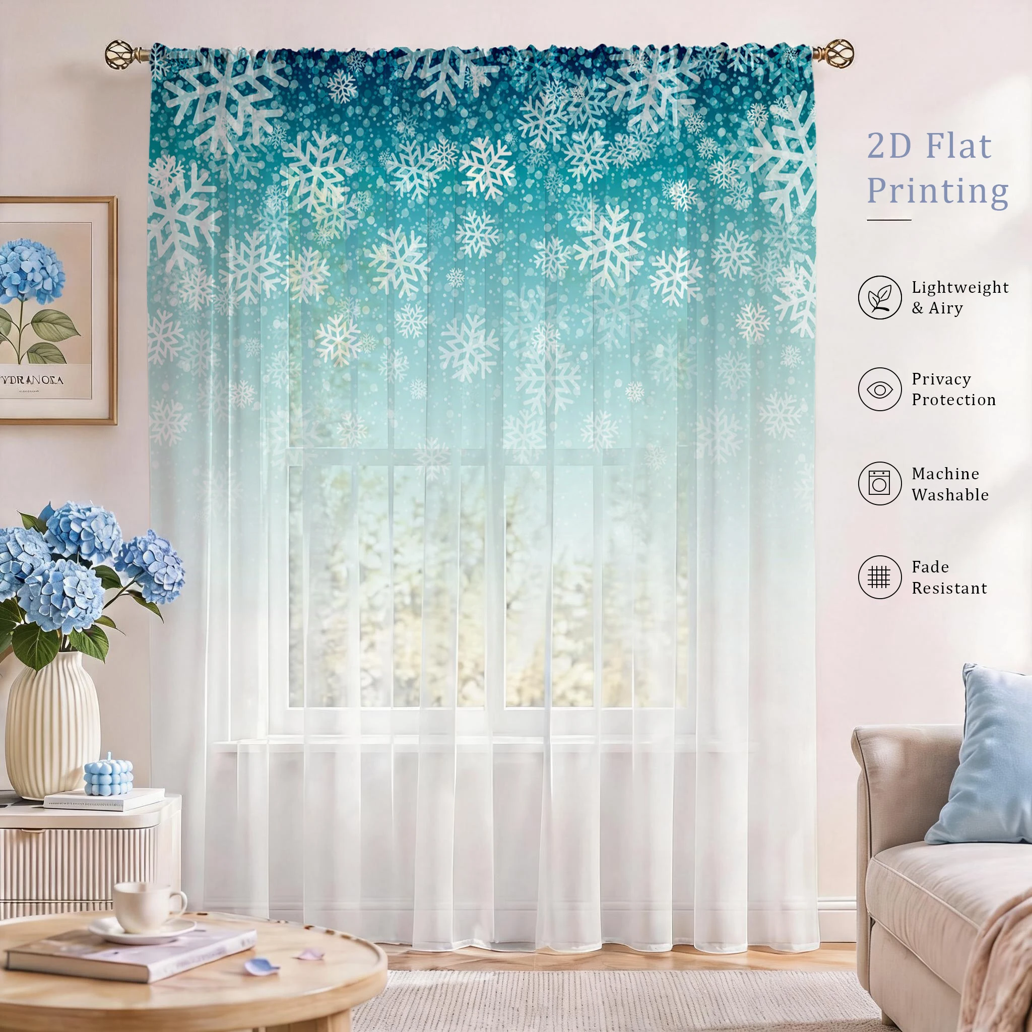 Curtain Sheer Voile - Çiçekli Gradyanlı Şeffaf Perde, Oturma Odası/Yatak