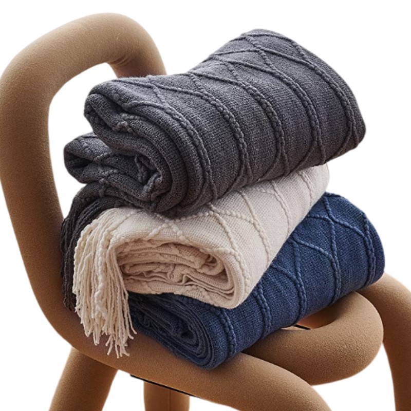 Throw Blanket Chunky Knit - Vintage Haki Gri Lacivert Püsküllü Örme