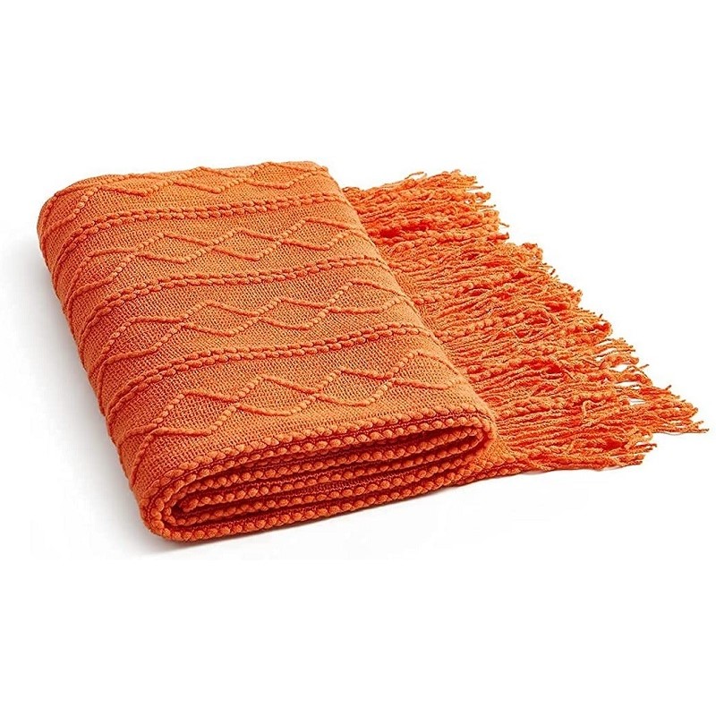 Throw Blanket Chunky Knit - Turuncu Örme Püsküllü Battaniye Atın Büyük